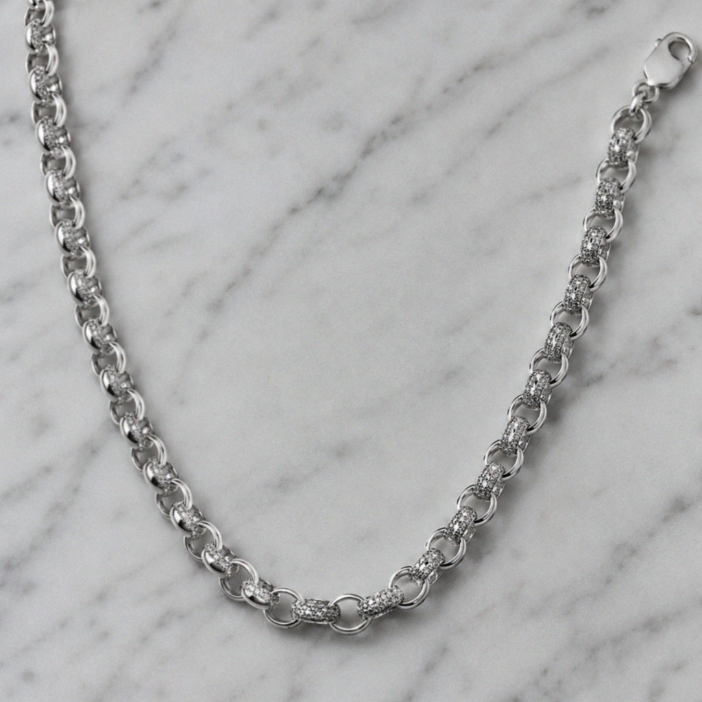 Silver Cubic Zirconia Belcher Chain 26"