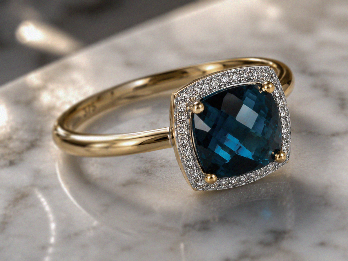 Checkerboard London Blue Topaz & Diamond Ring in 9ct Gold