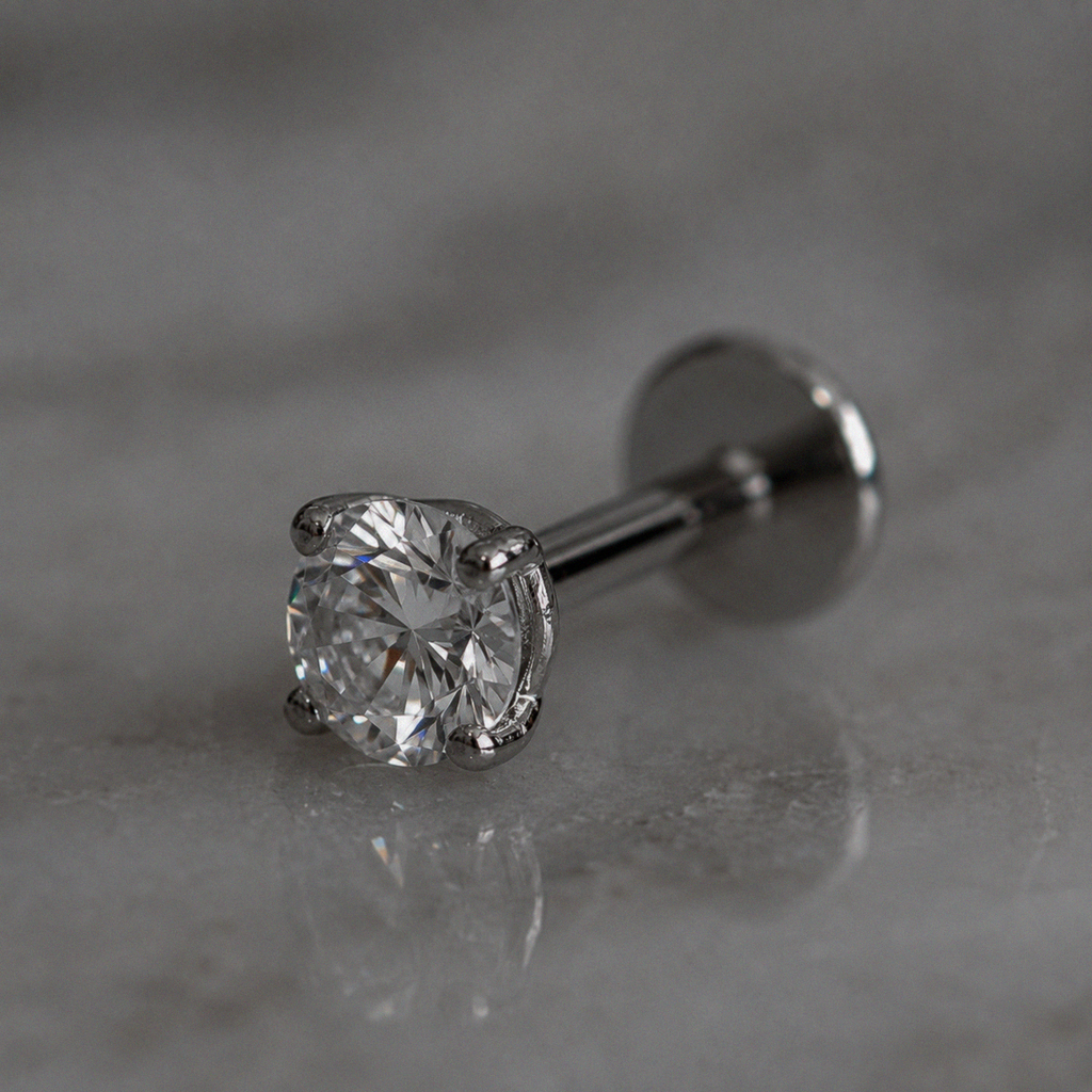 Sterling Silver CZ Labret Stud Earring – Flat Back Cartilage Helix Tragus Piercing