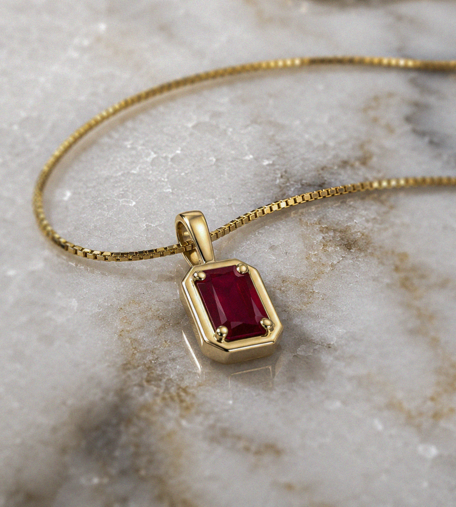 Chunky Border Ruby Pendant with Chain in 9ct Yellow Gold