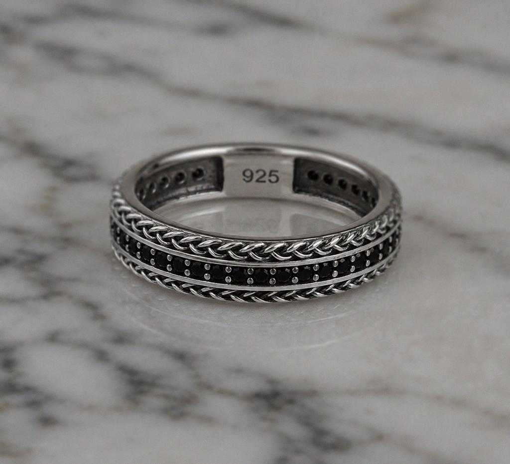 Sterling Silver Black Cubic Zirconia Woven Band Ring