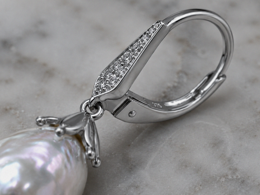 9ct White Gold Baroque Pearl & White Topaz Drop Earrings
