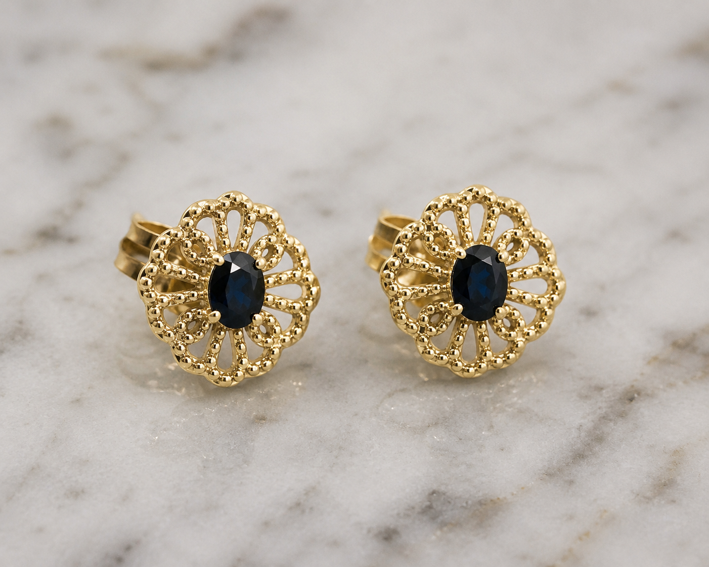 9ct Yellow Gold Blue Sapphire Filigree Stud Earrings