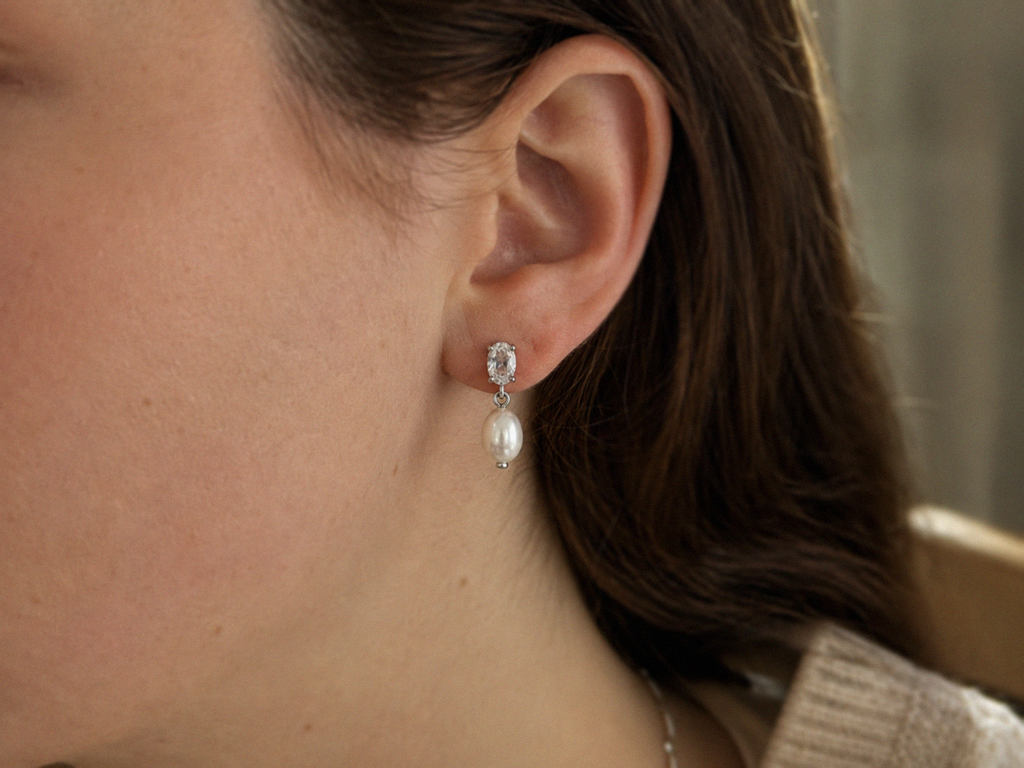 Baroque Pearl & White Topaz Drop Earrings in 9ct White Gold