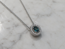 9ct White Gold Teal Sapphire & Diamond Halo Necklace