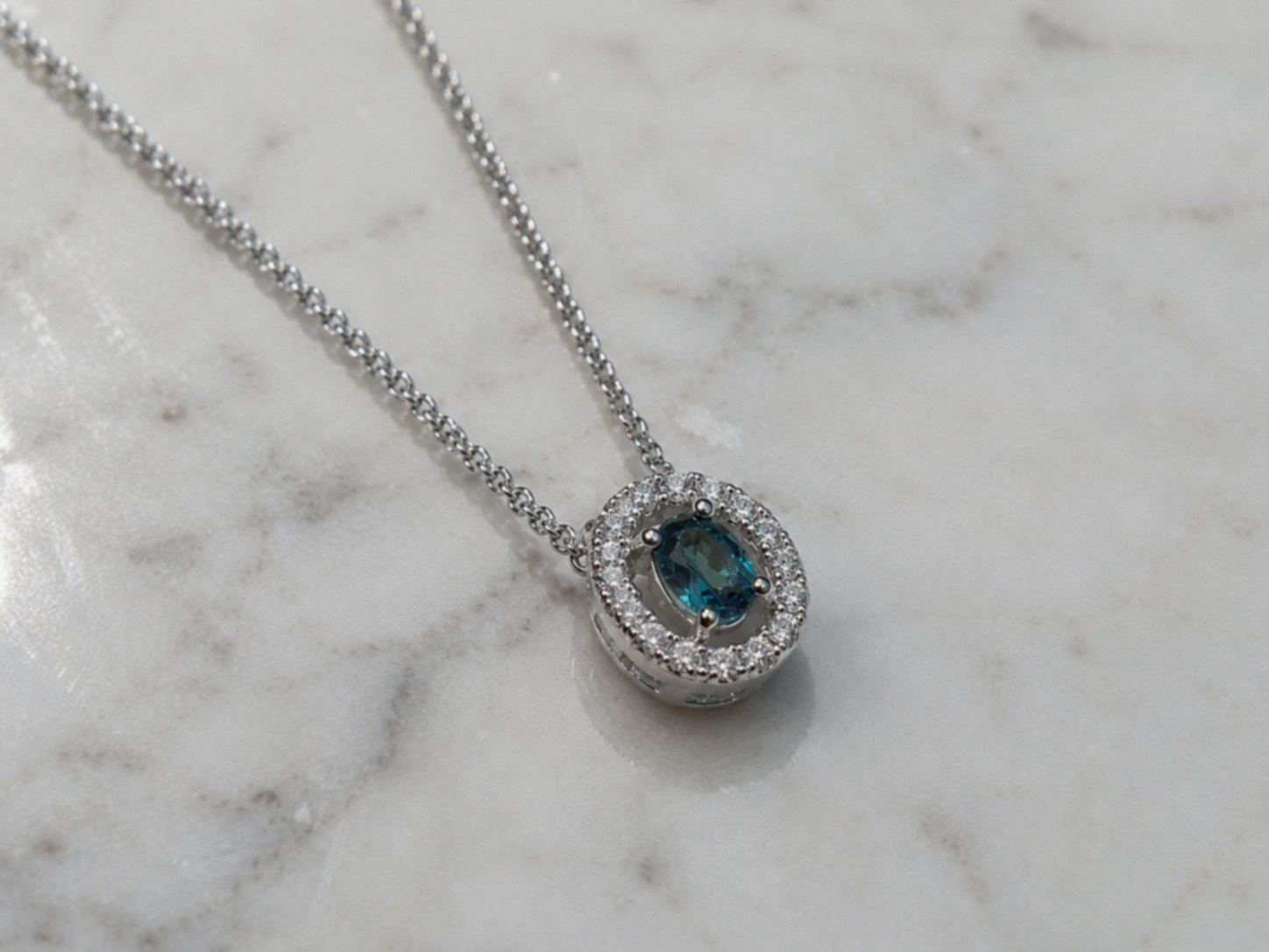9ct White Gold Teal Sapphire & Diamond Halo Necklace