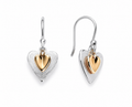Double Heart Drop Earrings in Sterling Silver with Yellow Gold Plated Heart