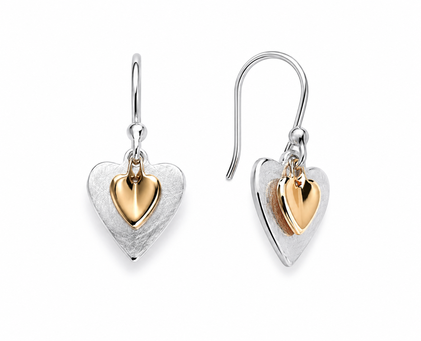 Double Heart Drop Earrings in Sterling Silver with Yellow Gold Plated Heart