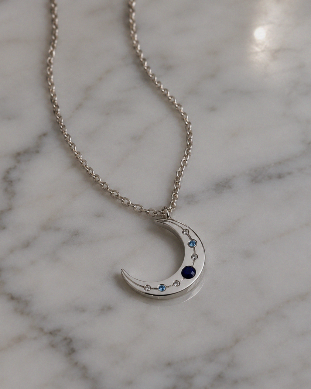 Sterling Silver Lapis & Cubic Zirconia Moon Necklace