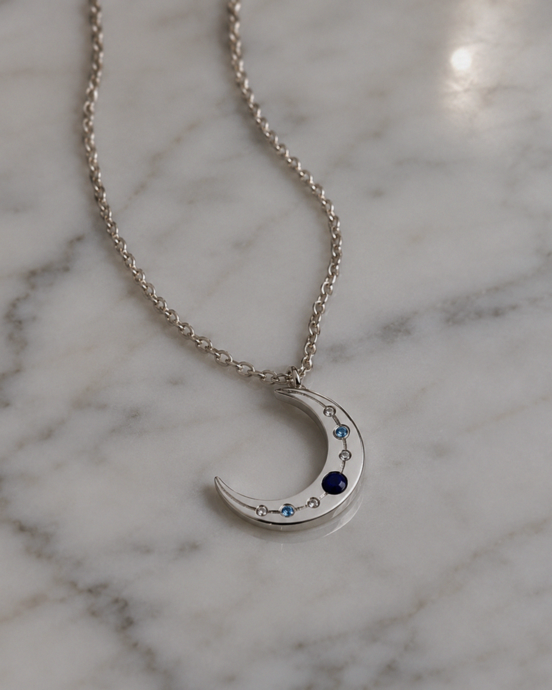 Sterling Silver Lapis & Cubic Zirconia Moon Necklace