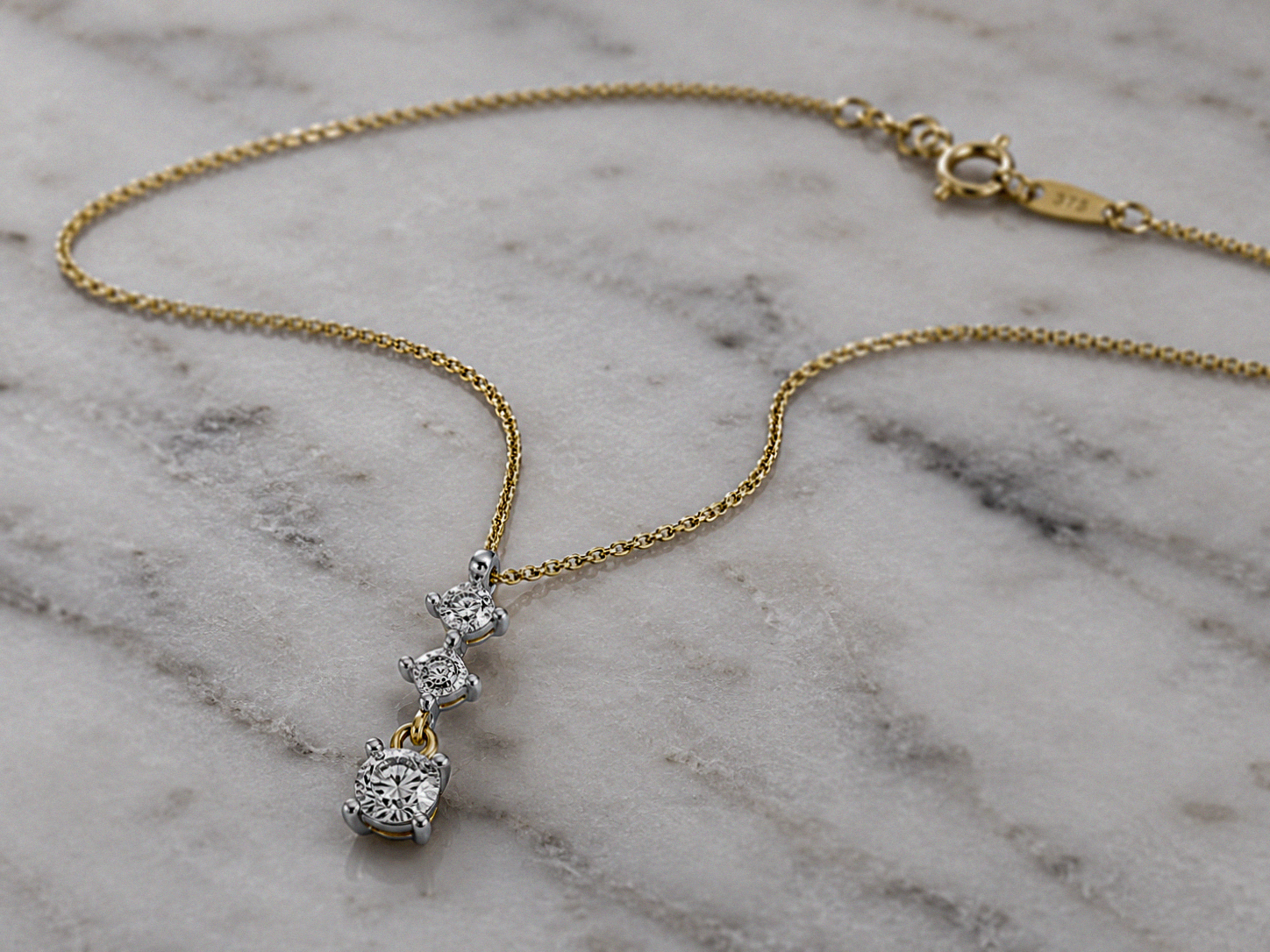 9ct Yellow Gold Diamond Trilogy Drop Pendant Necklace (0.10ct)
