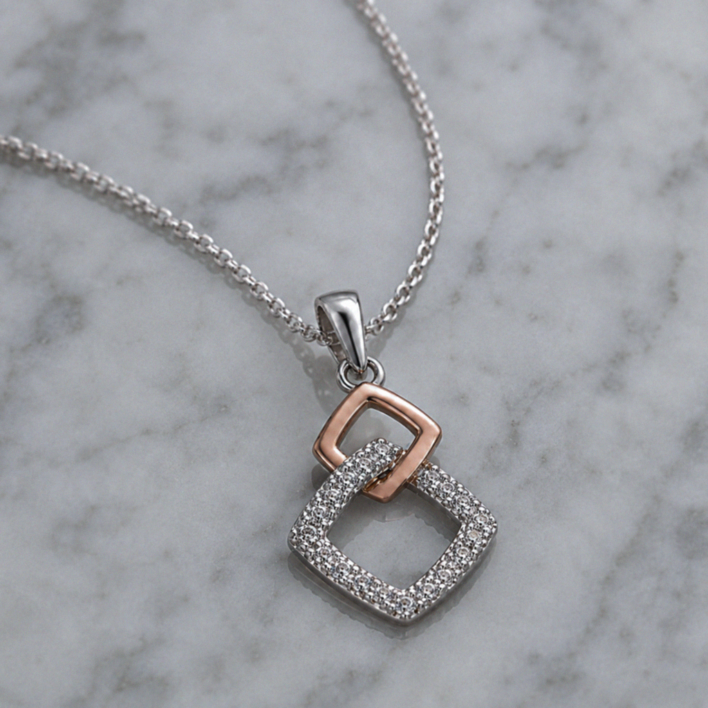 Sterling Silver Two-Tone Cubic Zirconia Square Pendant Necklace