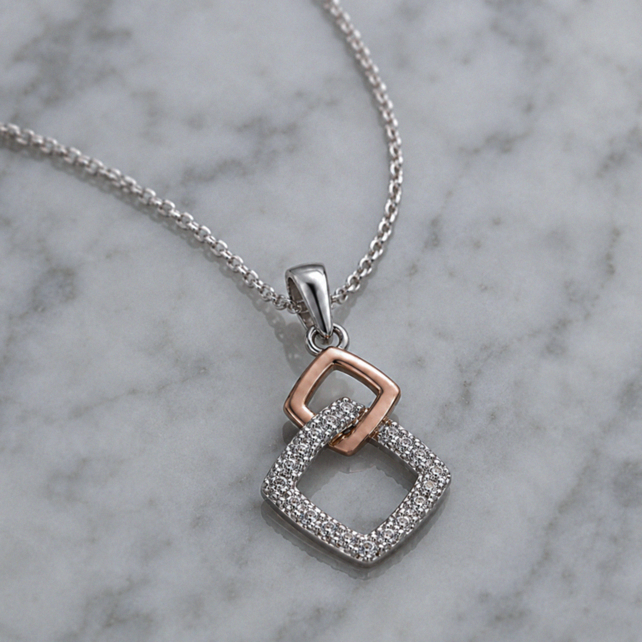 Sterling Silver Two-Tone Cubic Zirconia Square Pendant Necklace