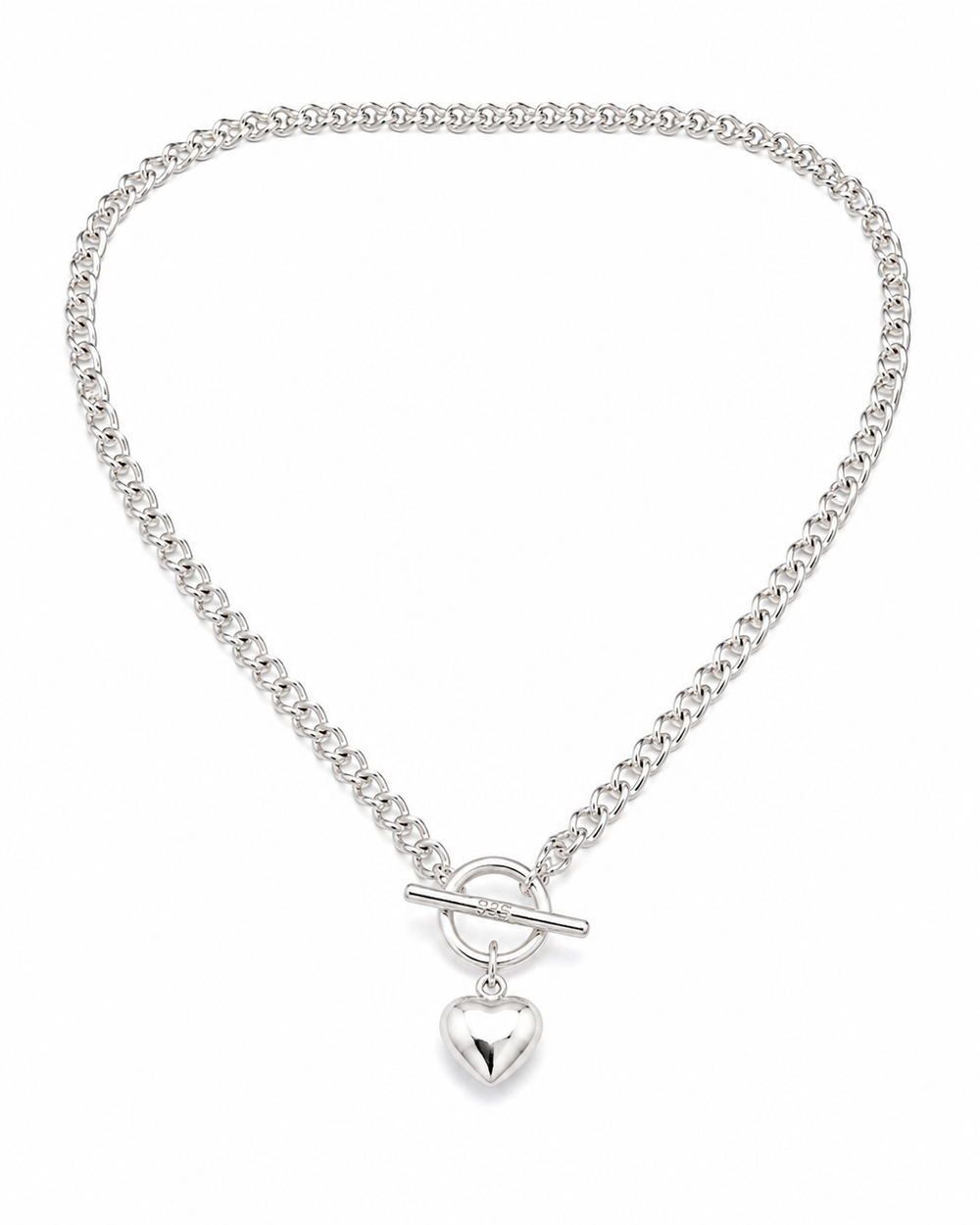 Sterling Silver Puff Heart T-Bar Chain Necklace