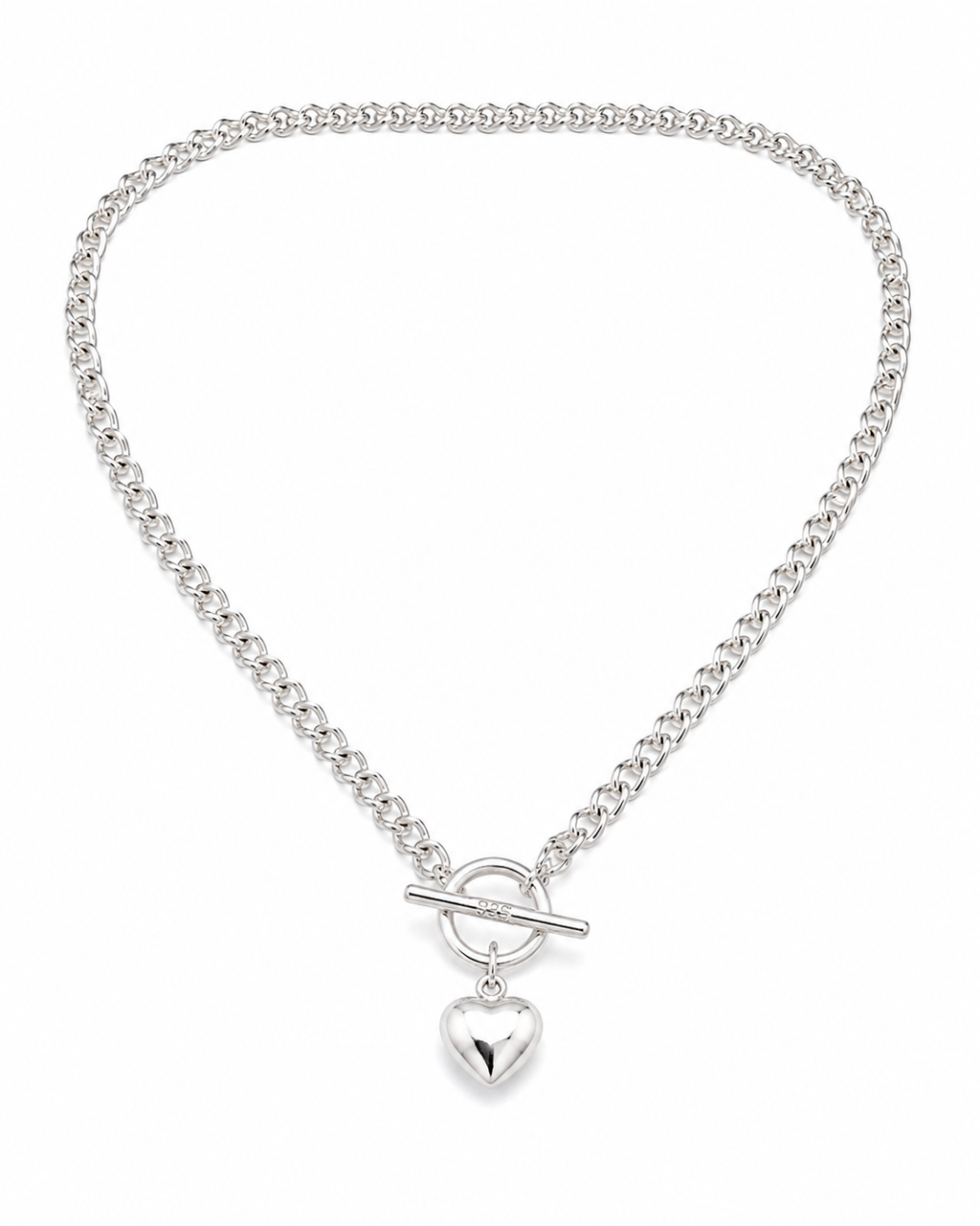 Sterling Silver Puff Heart T-Bar Chain Necklace
