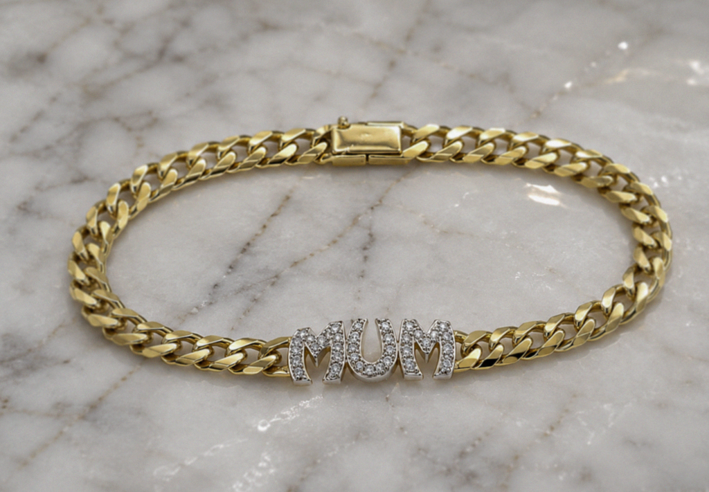 9ct Yellow Gold Cubic Zirconia Mum Curb Bracelet