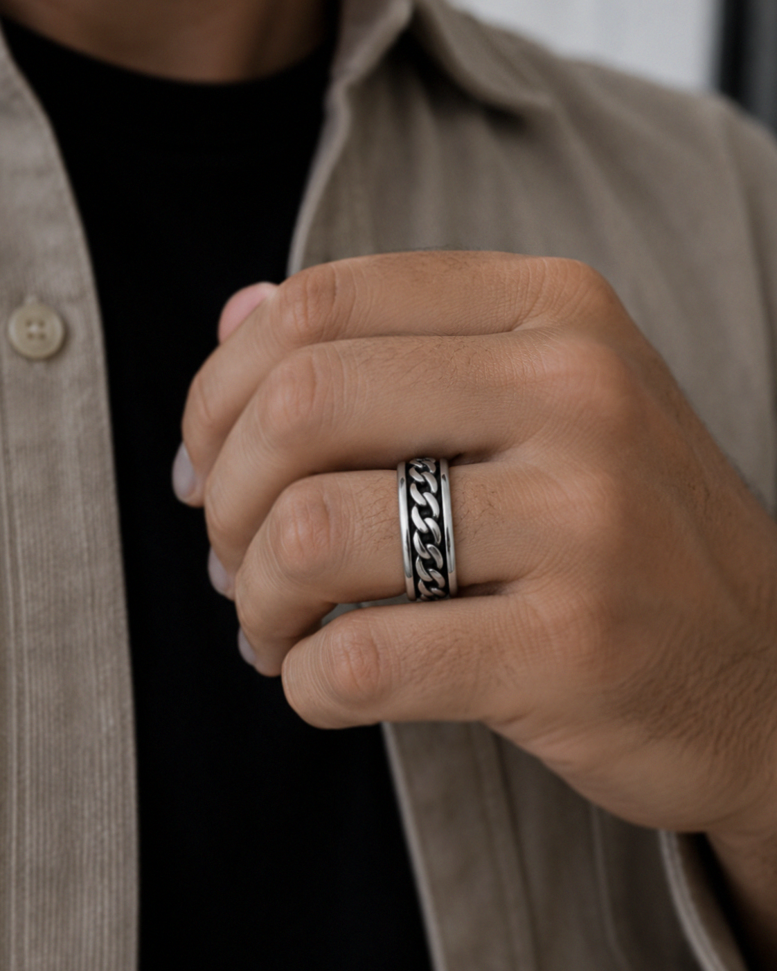Heavyweight Chain Detail Spinner Ring – Solid Sterling Silver