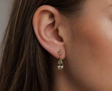 9ct Yellow Gold Green Quartz Drop Earrings with Swirl Detail