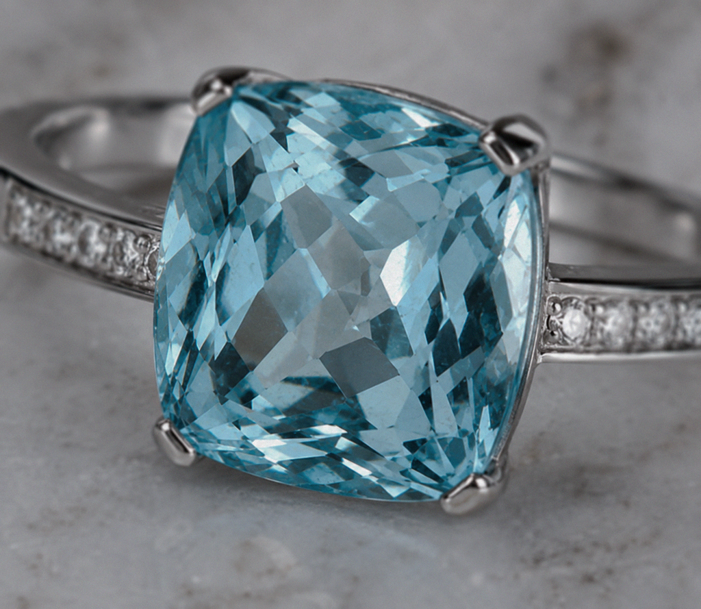 9ct White Gold Cushion-Cut Blue Topaz & Diamond Statement Ring