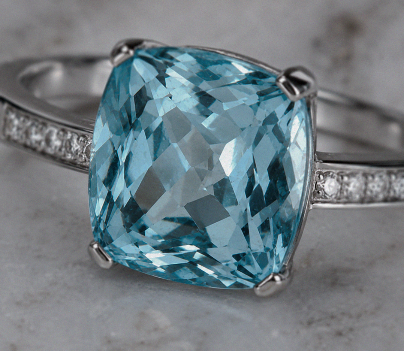 9ct White Gold Cushion-Cut Blue Topaz & Diamond Statement Ring
