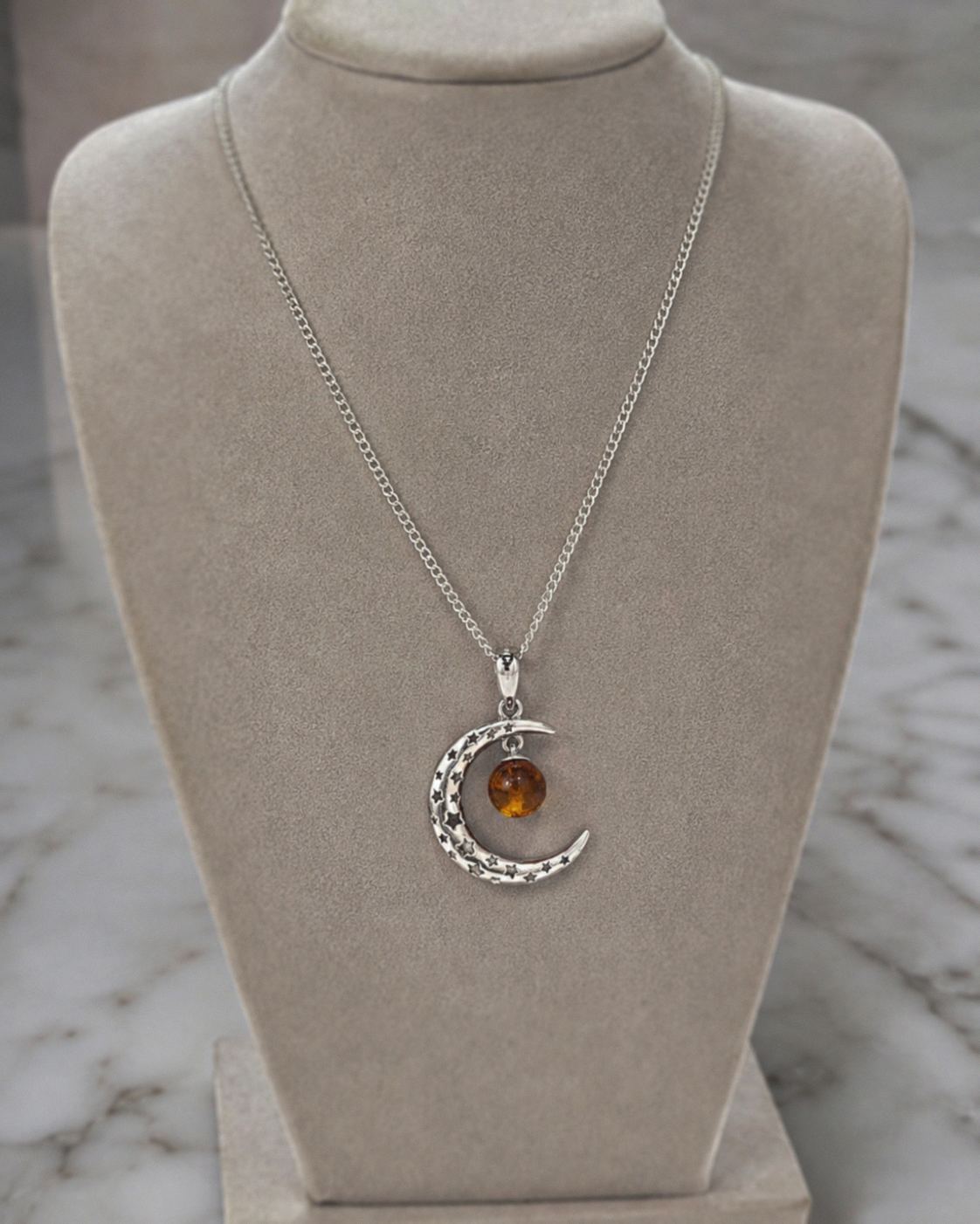 Sterling Silver Baltic Amber Crescent Moon Necklace