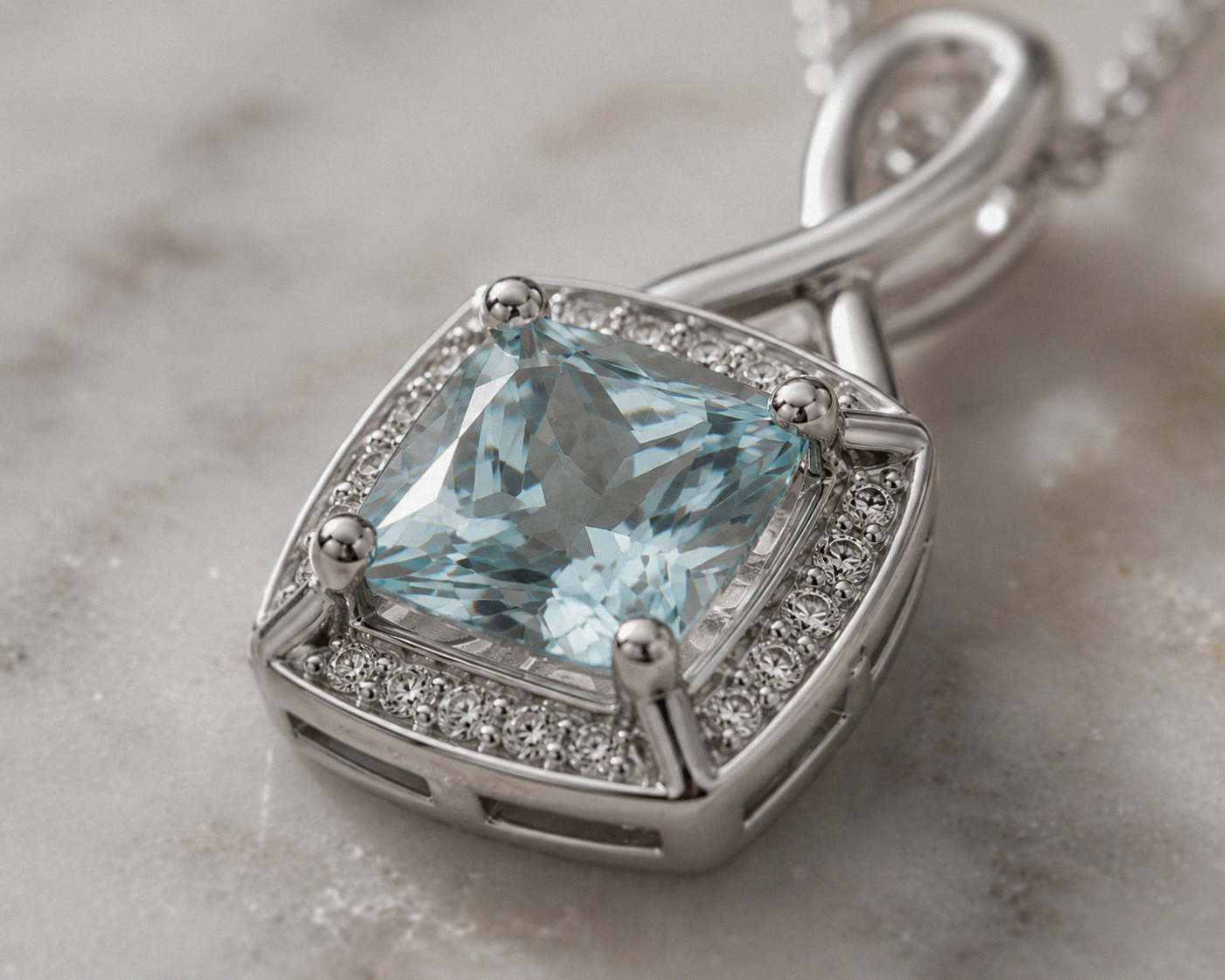 9ct White Gold Aquamarine & Diamond Twist Pendant with Diamond-Cut Curb Chain