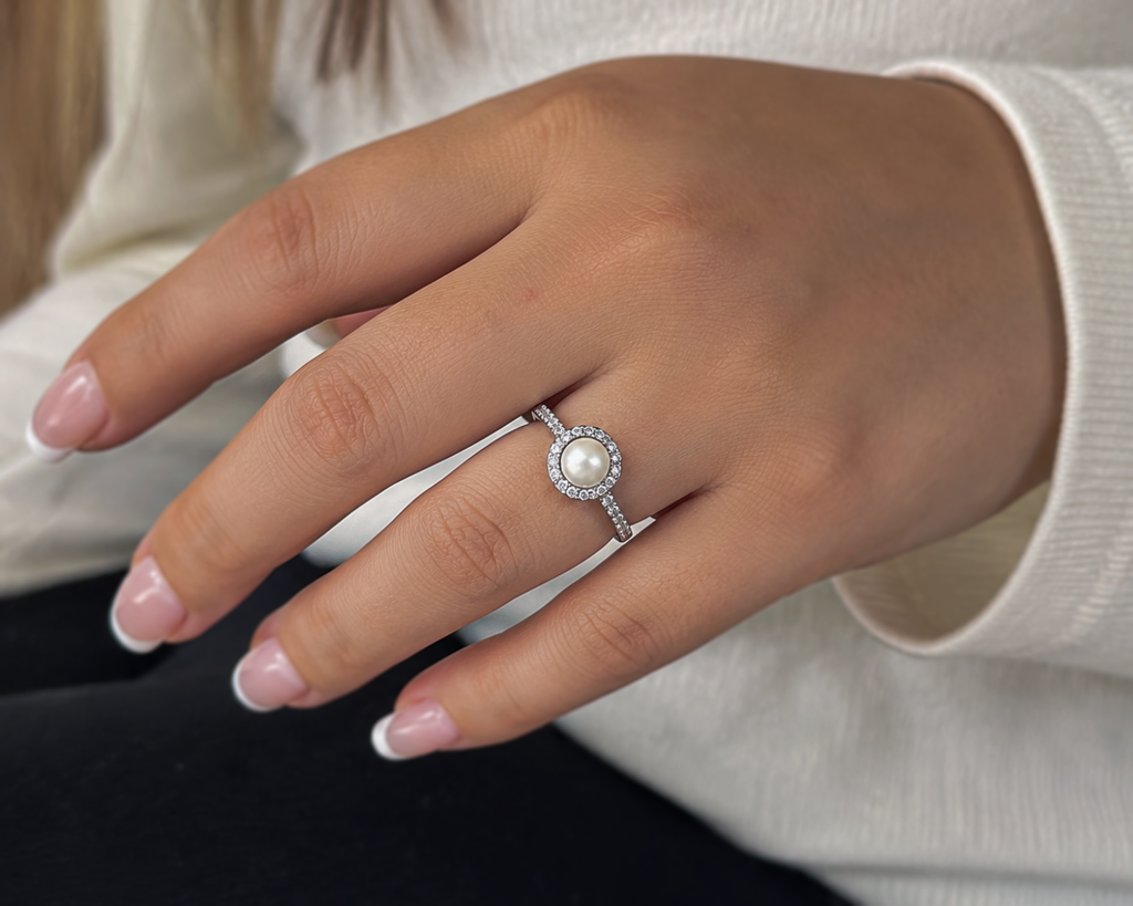 Sterling Silver Freshwater Pearl & Cubic Zirconia Halo Ring