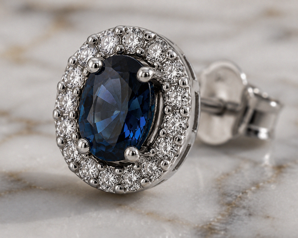 Blue Sapphire & Diamond Cluster Stud Earrings in 9ct White Gold