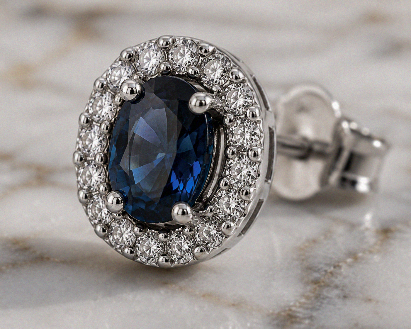 Blue Sapphire & Diamond Cluster Stud Earrings in 9ct White Gold