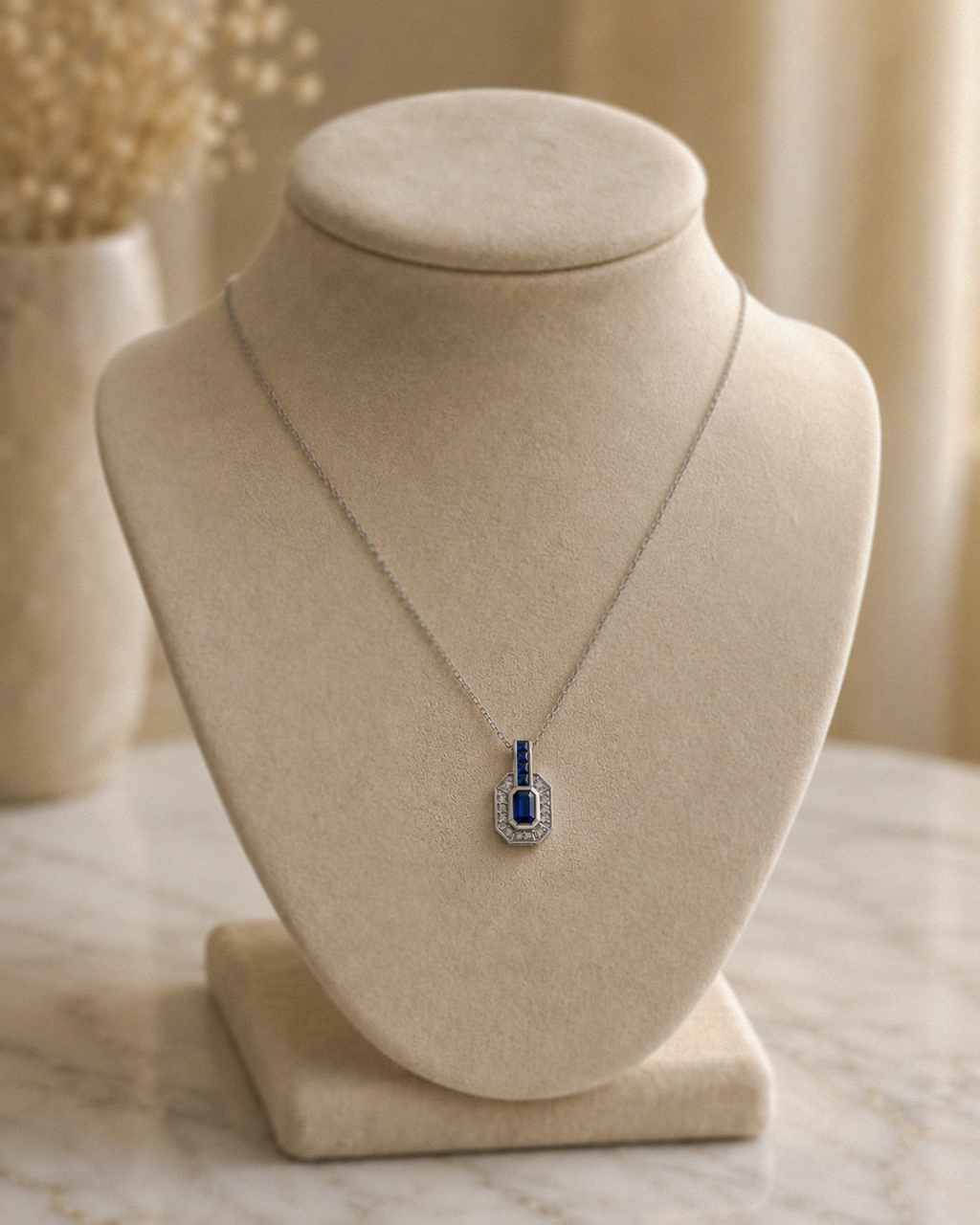 9ct White Gold Sapphire & Diamond Channel Necklace