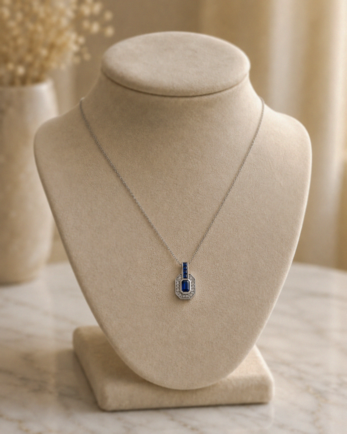 9ct White Gold Sapphire & Diamond Channel Necklace