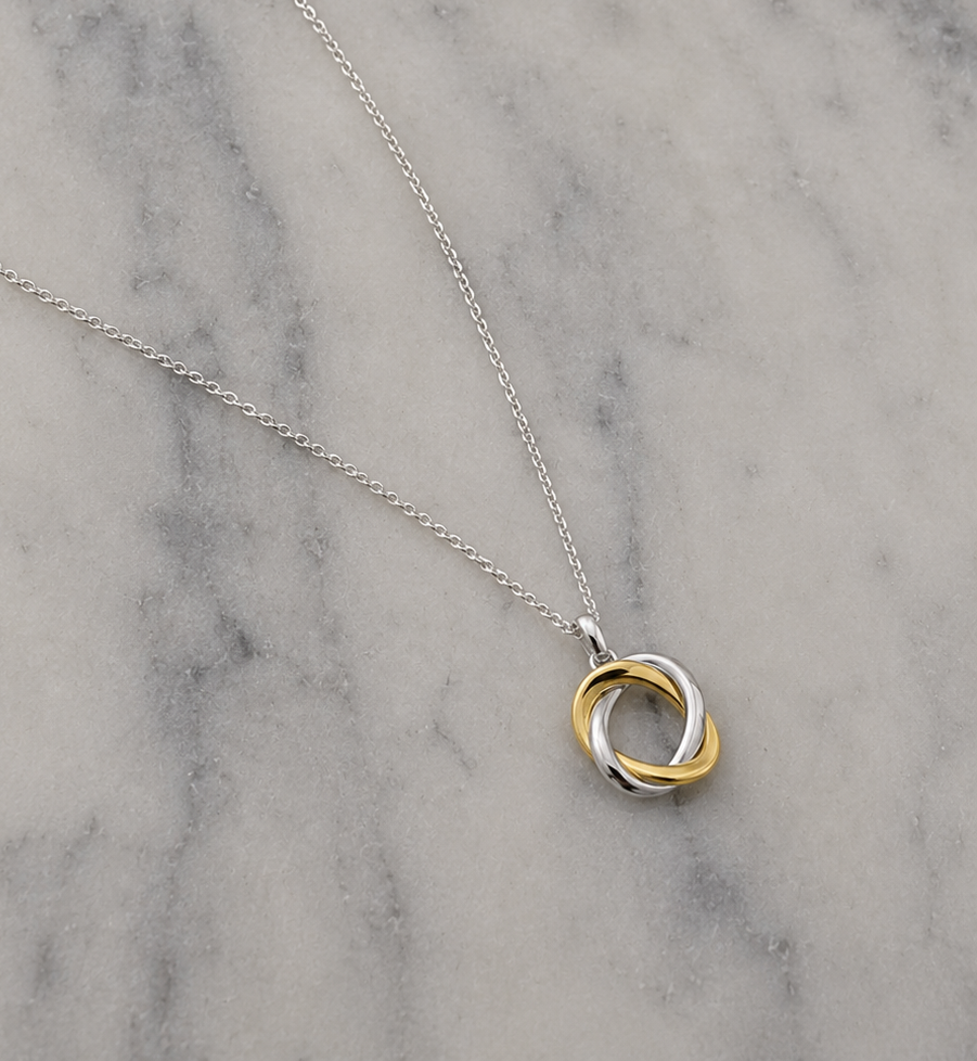 Sterling Silver Yellow Gold Plated Woven Circle Pendant with Trace Chain