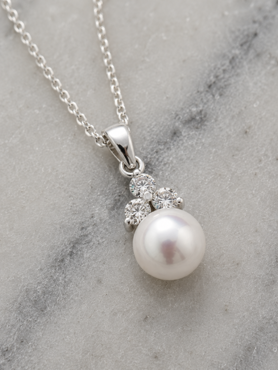 Sterling Silver Shell Pearl & Cubic Zirconia Drop Pendant with Trace Chain