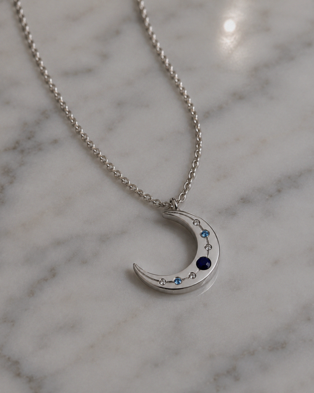Sterling Silver Lapis & Cubic Zirconia Moon Necklace