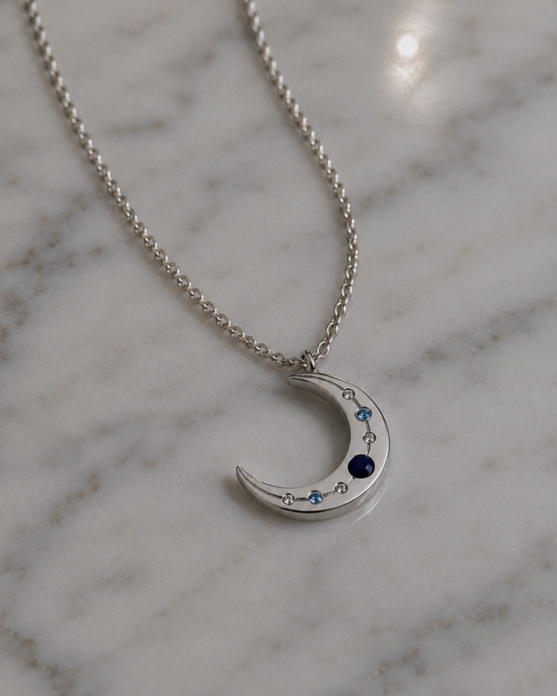 Sterling Silver Lapis & Cubic Zirconia Moon Necklace