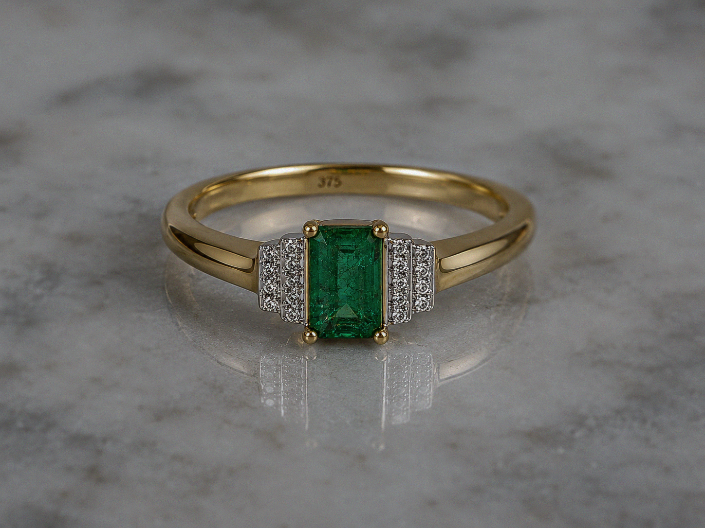 9ct Yellow Gold Emerald & Diamond Art Deco Statement Ring