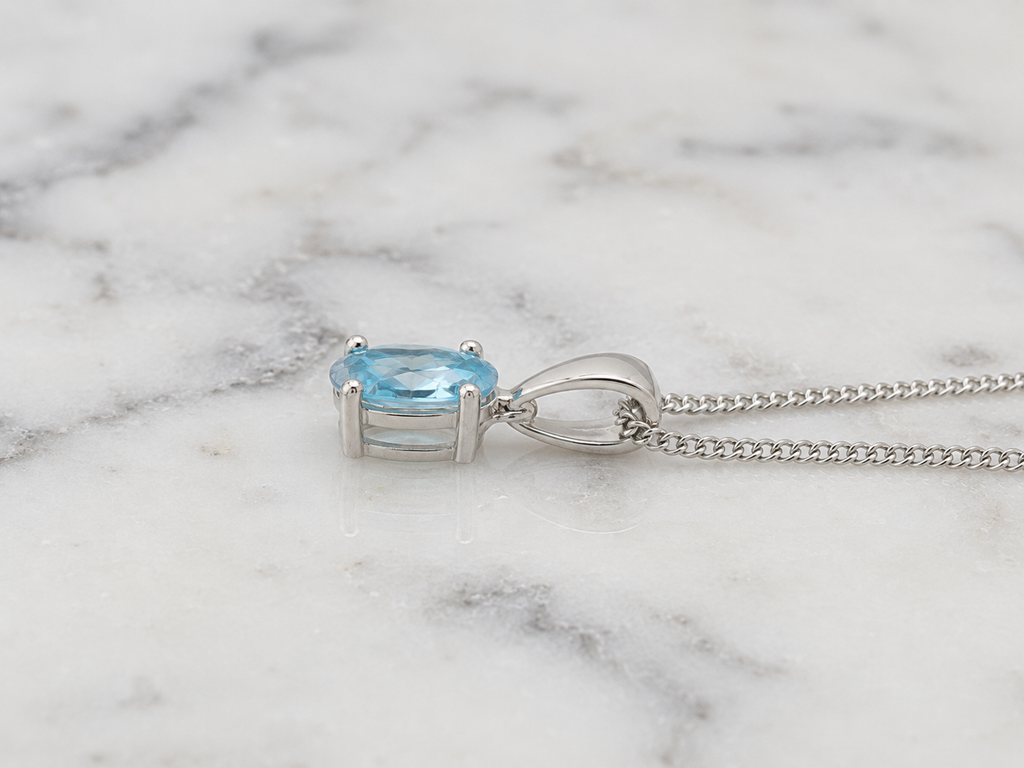 9ct White Gold Swiss Blue Topaz Oval Pendant Necklace