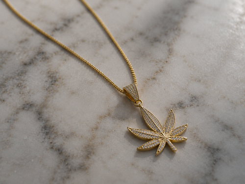 9ct Gold CZ Leaf Necklace with 18ct Diamond Cut Curb Chain