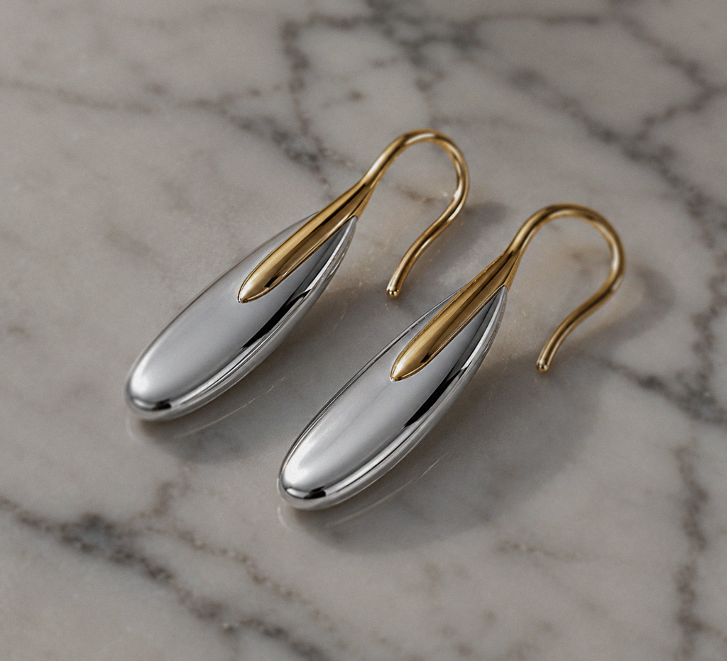 Elongated Pebble Drop Earrings in Sterling Silver with Yellow Gold Plating