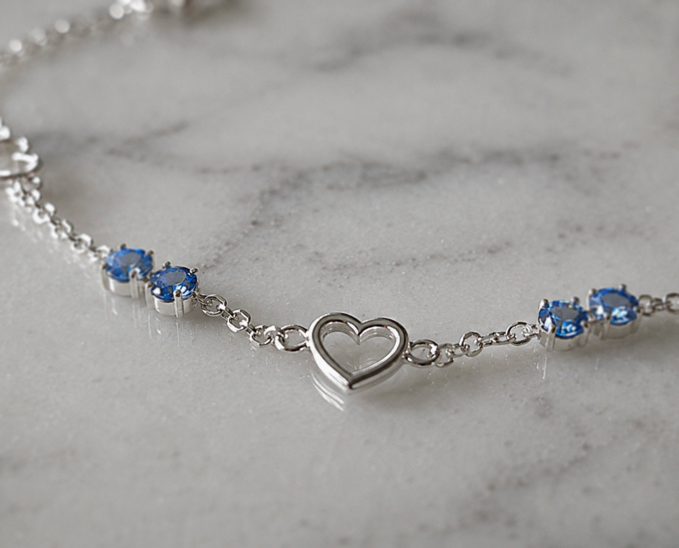 Sterling Silver Blue Crystal and Heart Anklet