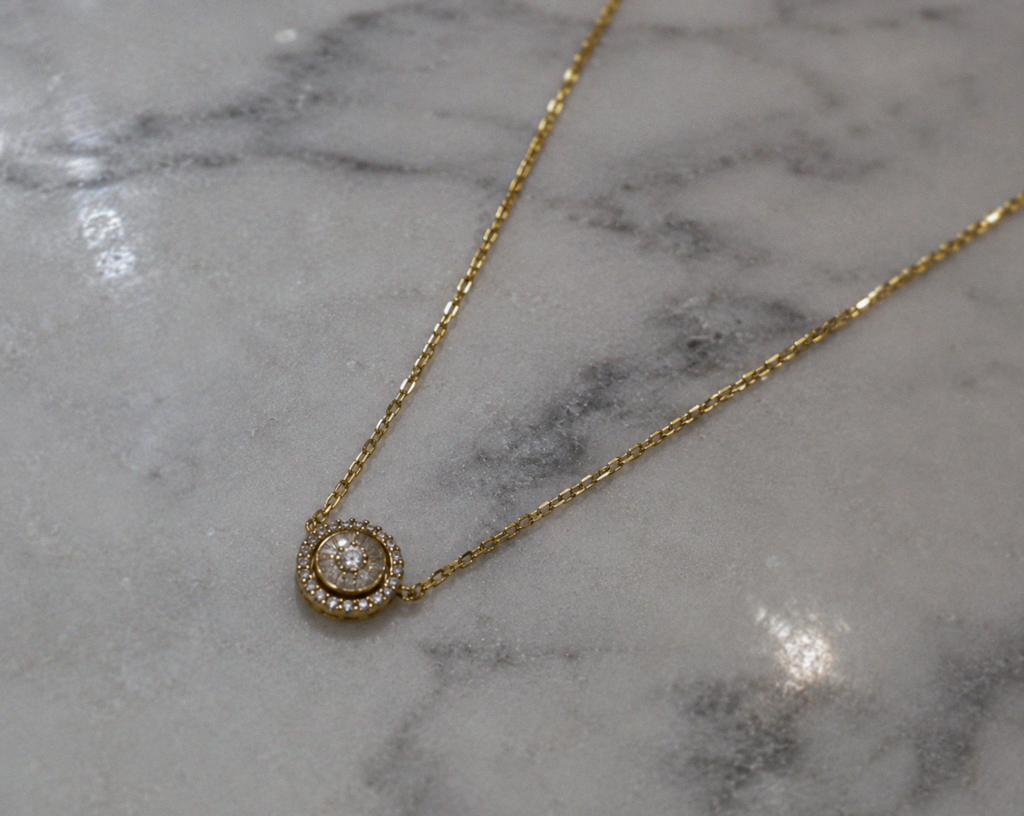 9ct Yellow Gold Cubic Zirconia Halo Pendant Necklace 16 Inch