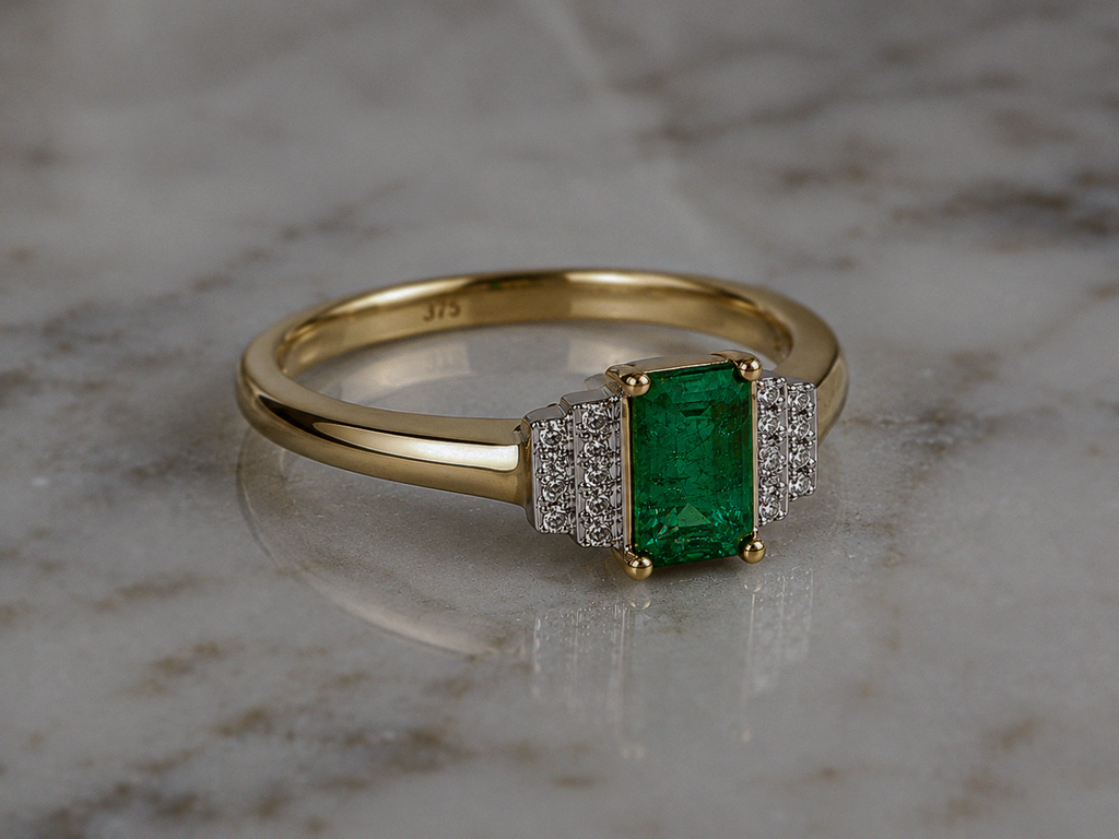 9ct Yellow Gold Emerald & Diamond Art Deco Statement Ring
