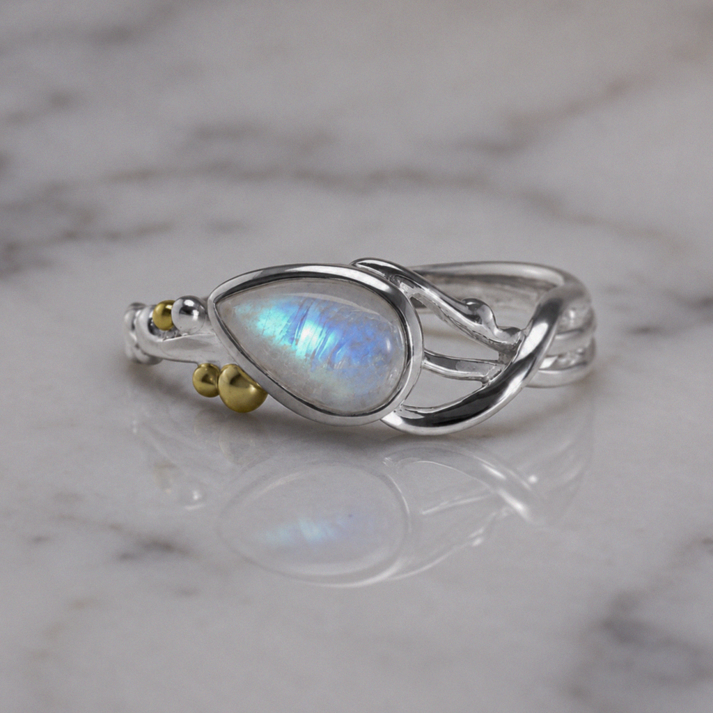 Banyan Sterling Silver Teardrop Rainbow Moonstone Ring