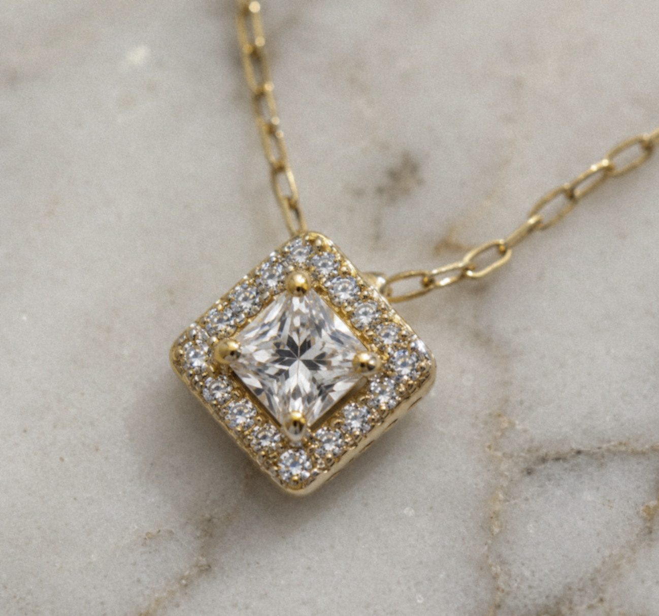 9ct Yellow Gold Cubic Zirconia Mini Square Necklace