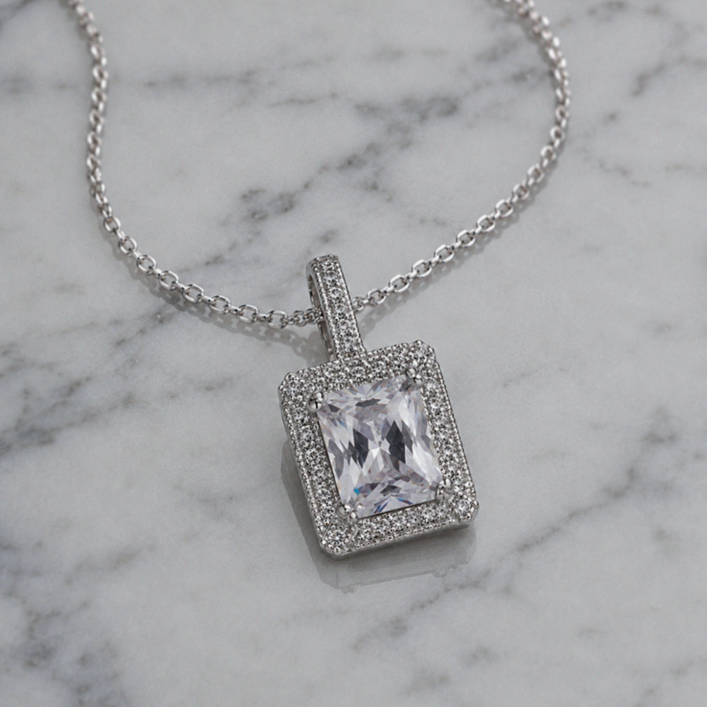 Sterling Silver Cubic Zirconia Rectangular Halo Pendant Necklace