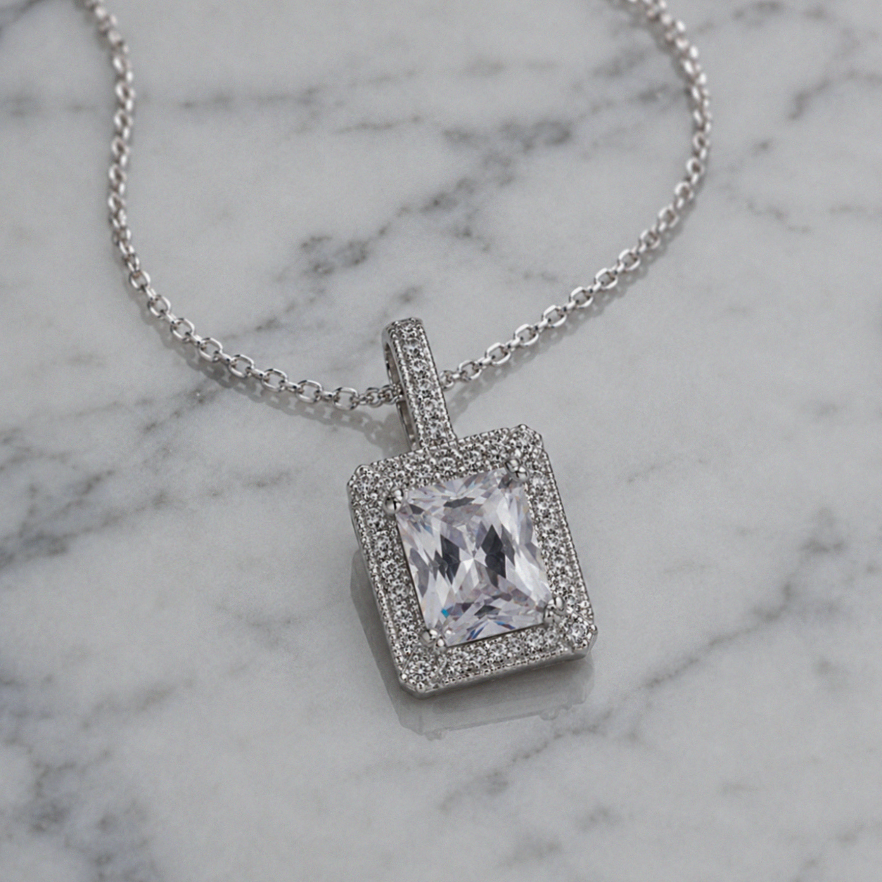 Sterling Silver Cubic Zirconia Rectangular Halo Pendant Necklace