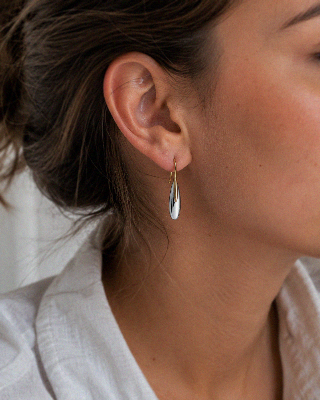 Elongated Pebble Drop Earrings in Sterling Silver with Yellow Gold Plating