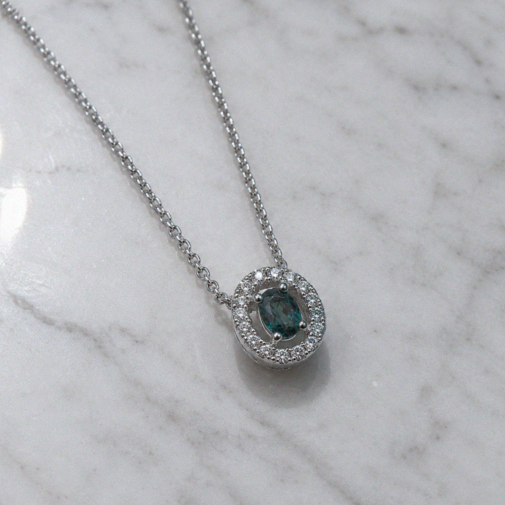 9ct White Gold Teal Sapphire & Diamond Halo Necklace