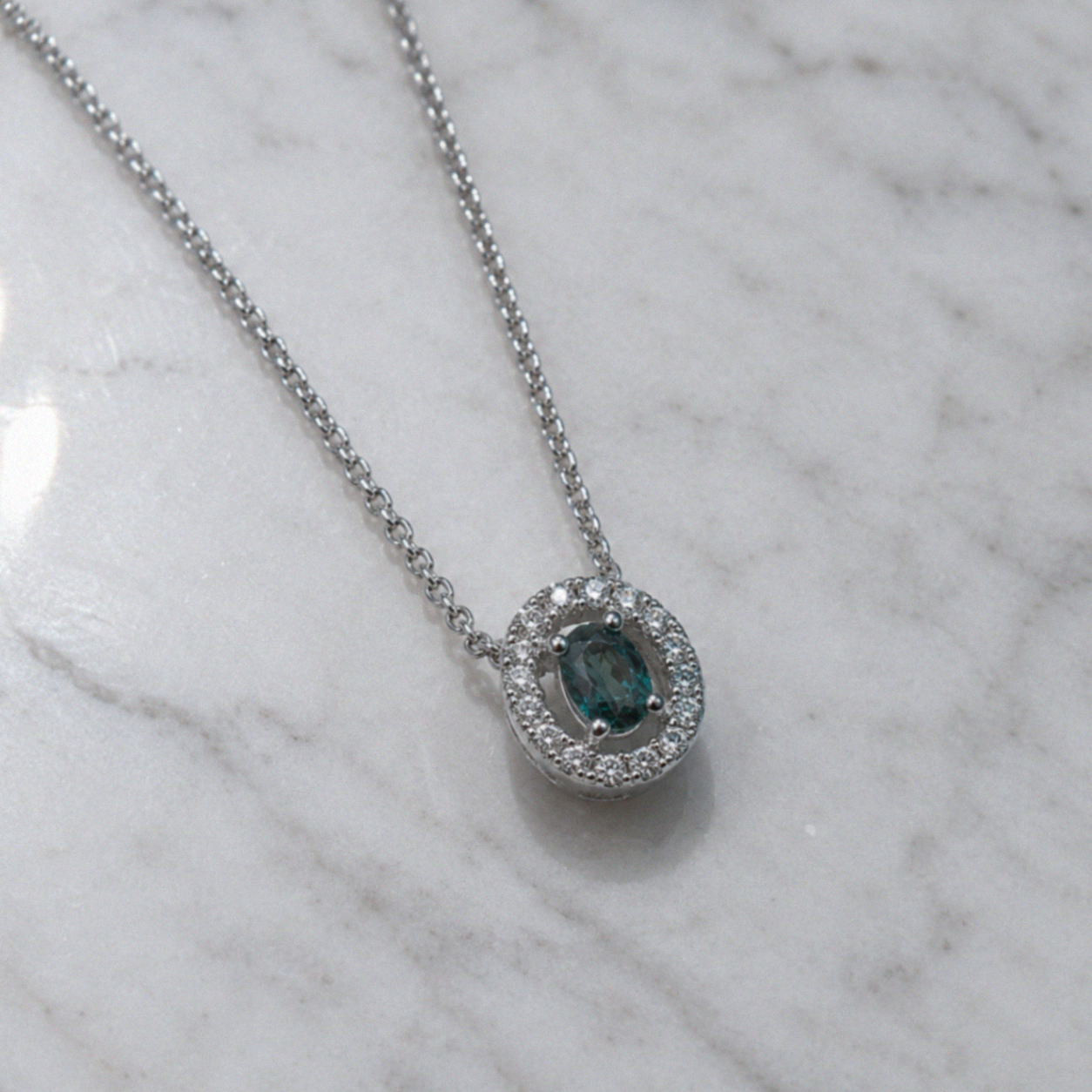 9ct White Gold Teal Sapphire & Diamond Halo Necklace
