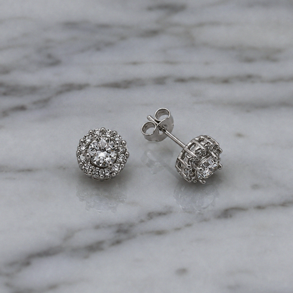 Silver Cubic Zirconia Cluster Halo Stud Earrings